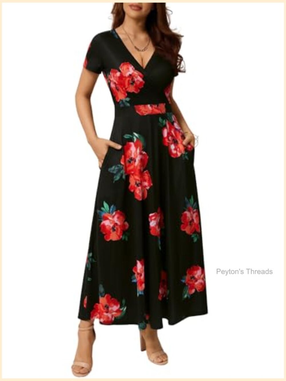 Women's Short Sleeve Wrap V Neck Maxi Sundress with Pockets Boho - Picture 6 of 6